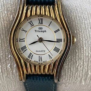 Vintage Triumph Ladies Wristwatch Blue Leather Band Japan Movement Analog Watch